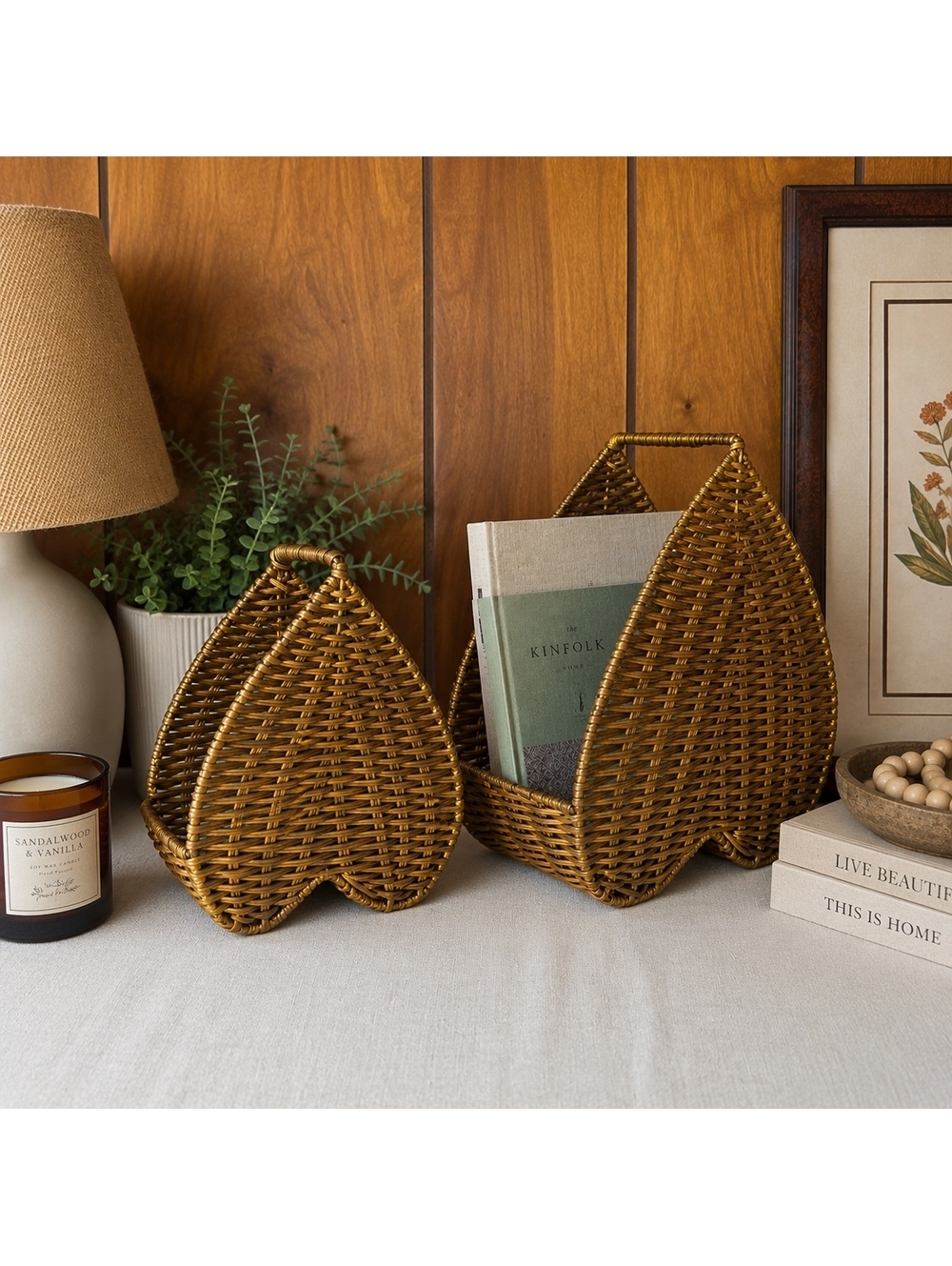 Vintage Wicker Basket Set of 2 Leaf Shape Handled Storage Baskets Boho Decor